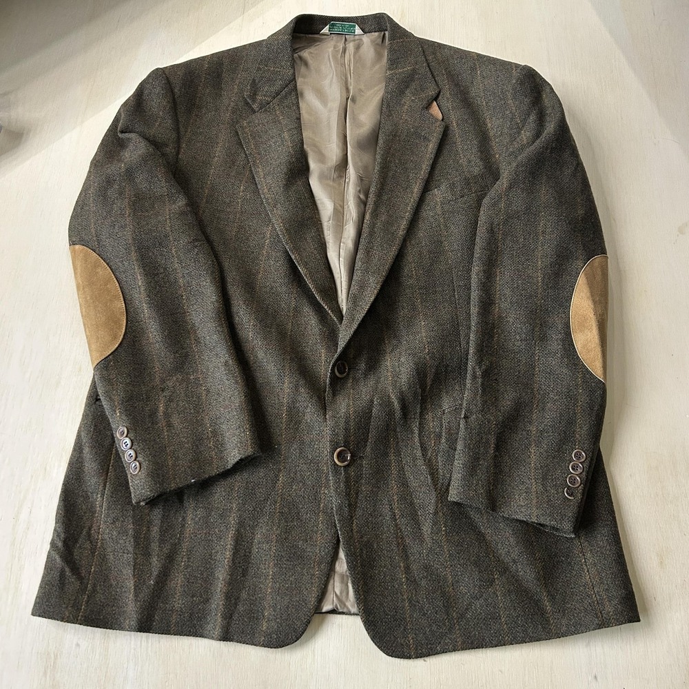 Vintage Evan Picone Blazer Mens Large Brown Tweed Sport Coat Jacket Suede Patch